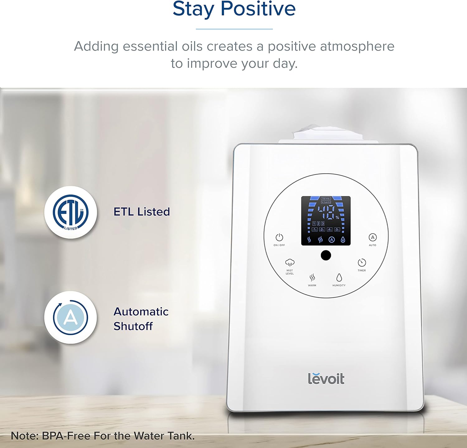 LEVOIT Humidifiers for Bedroom Large Room Home, 6L Warm and Cool Mist Ultrasonic Air Vaporizer for Plants and Whole House, Built-in Humidity Sensor, Essential Oil Diffuser, Whisper Quiet, Timer, White